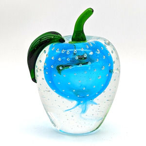 Murano Bullicante Sommerso Art Glass Apple Blue w Applied Leaf Stem Mid Century